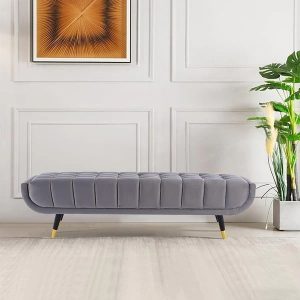 Modern Gray Bedroom Bench Velvet Upholstery Wooden Legs