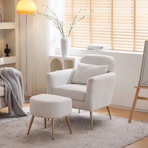 Ktaxon Accent Chair with Ottoman Set, Teddy Fabric Upholstered Single Sofa with Lumber Pillow Armchair with Armrests and Footrest for Bedroom Living Reading Room Office Teddy White