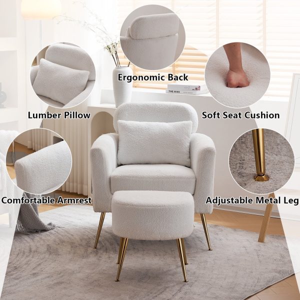 Ktaxon Accent Chair with Ottoman Set, Teddy Fabric Upholstered Single Sofa with Lumber Pillow Armchair with Armrests and Footrest for Bedroom Living Reading Room Office Teddy White