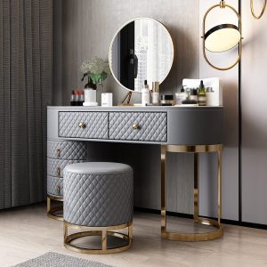 Interiors Gray Makeup Vanity Set Faux Leather Upholstered with Mirror Stool & 5 Drawers