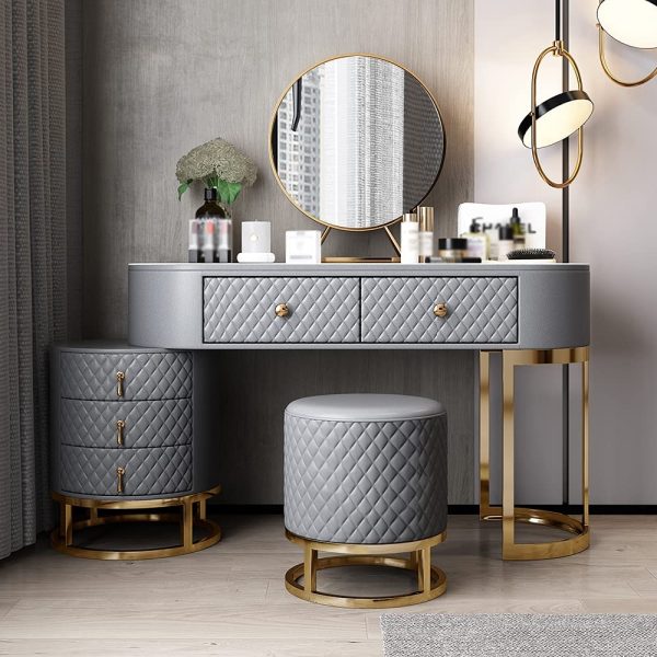 Interiors Gray Makeup Vanity Set Faux Leather Upholstered with Mirror Stool & 5 Drawers