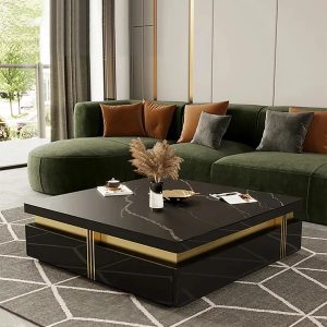 Trimied 43″ Modern Black Square Storage Coffee Table Stone Top & 4 Wood Drawers,