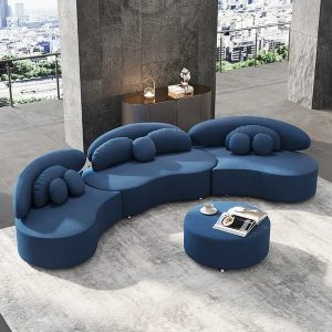 Modern 7-Seat Sofa Curved Sectional Modular Blue Velvet Upholstered with Ottoman,