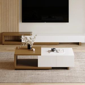 Quoint 68.9″ Modern White & Walnut Coffee Table Retracted & Extendable with 2-Drawer