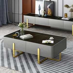 Blackcast Modern Storage Coffee Table Black Sintered Stone Top & Gold Stainless Steel