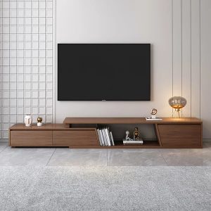 Fero Minimalist Walnut Rectangle Extendable TV Stand with 3 Drawers Up to 120″