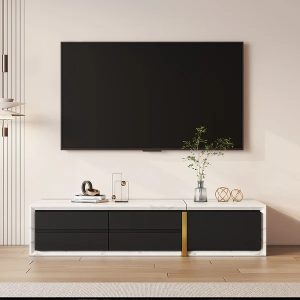 51.2”-86.6” Extendable TV Stand White & Black Corner Media Console with 2 Drawers