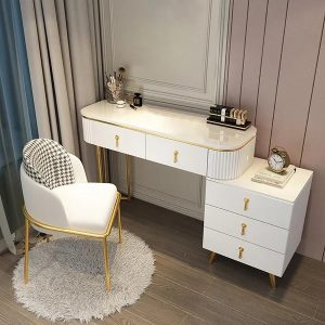 Pursorr Modern White Oval Extendable Makeup Vanity with 5-Drawer Side Cabinet Included