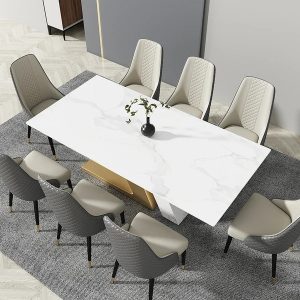 Luxotic Modern 79″ White Dining Table for 8 Rectangle Sintered Stone & Stainless Steel