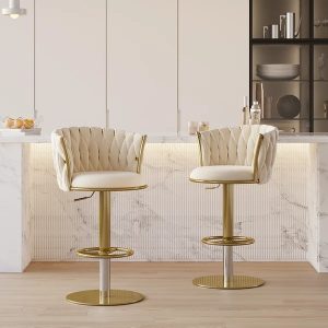 Sweave Off White Swivel Bar Stools Velvet Curved Back Adjustable Height