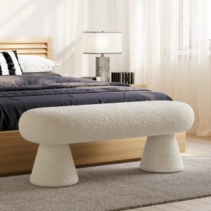 Modern White Boucle Bedroom Bench Upholstered Long Bench with 2 Legs.