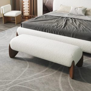 Curva Modern White Boucle Bedroom Bench Upholstered Long Bench with Wood Legs