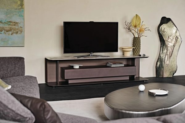 Low TV cabinet with flap doors